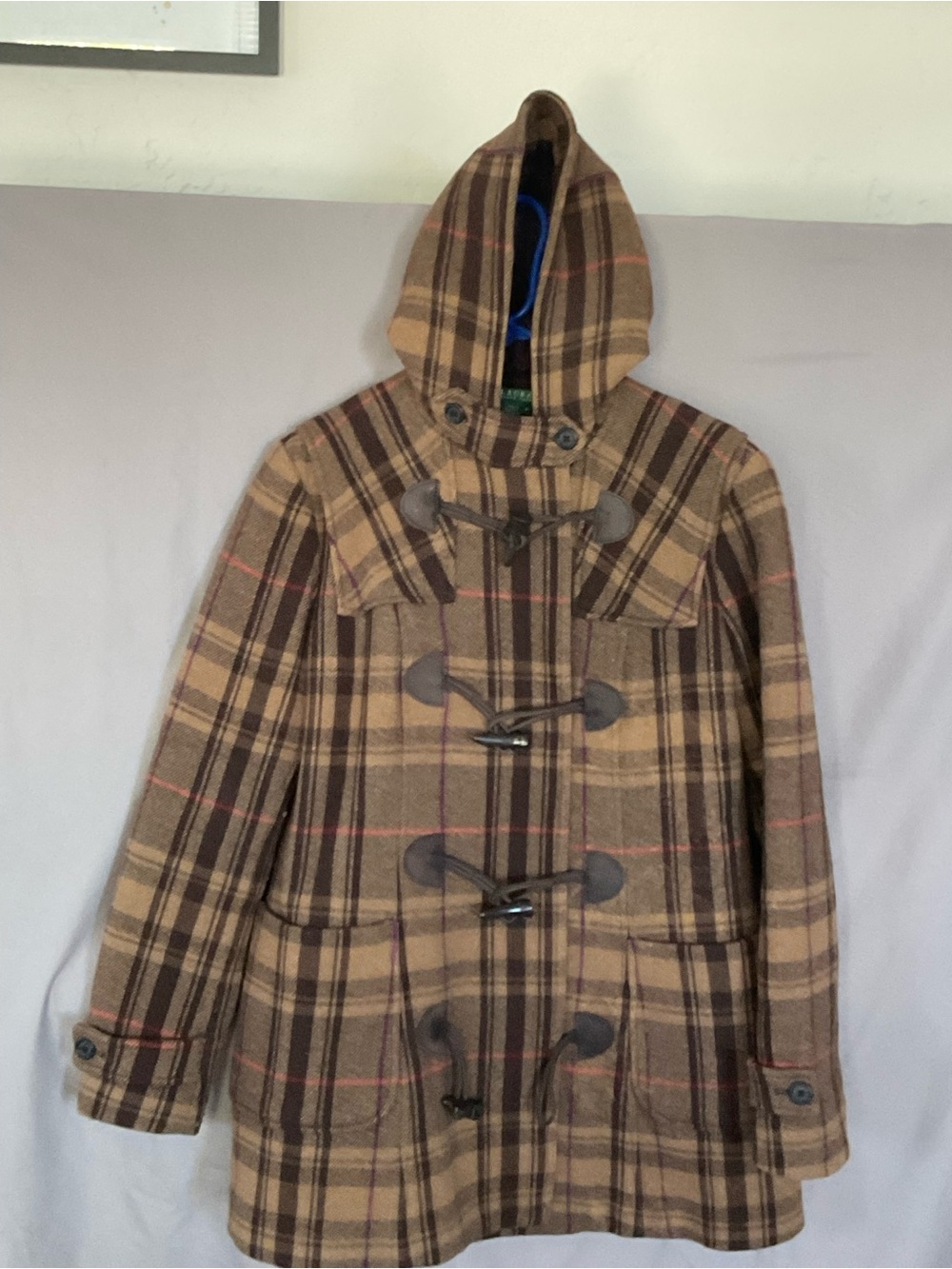 Ralph Lauren Hooded Plaid Toggle Coat - Tan & Brown